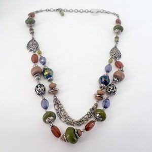 Silver Double Strand Fashion Necklace Fall Tones Green Brown Blue Purple Beads
